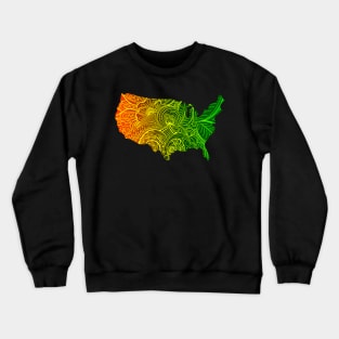 Colorful mandala art map of the United States of America in dark orange and green with yellow Crewneck Sweatshirt